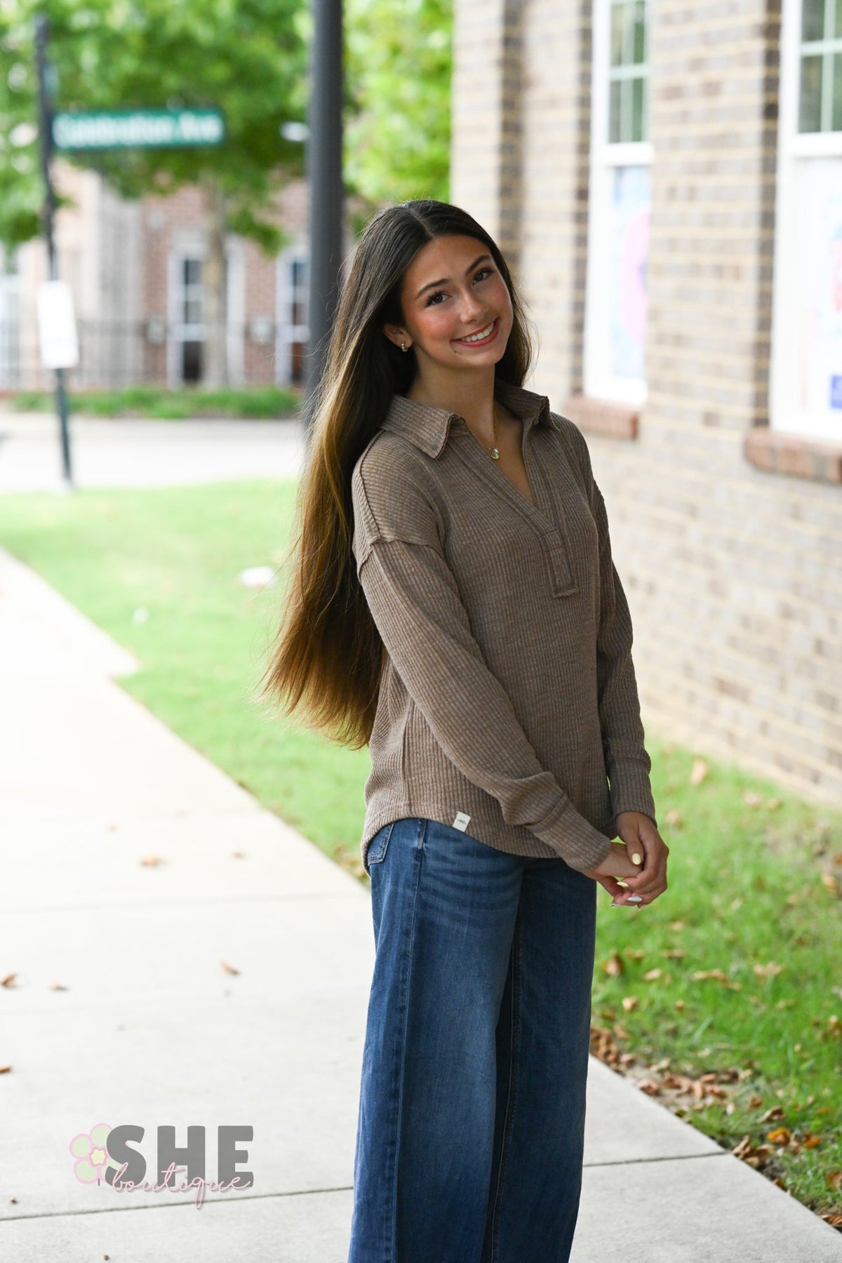 Brown Ribbed Long Sleeve - She Chester