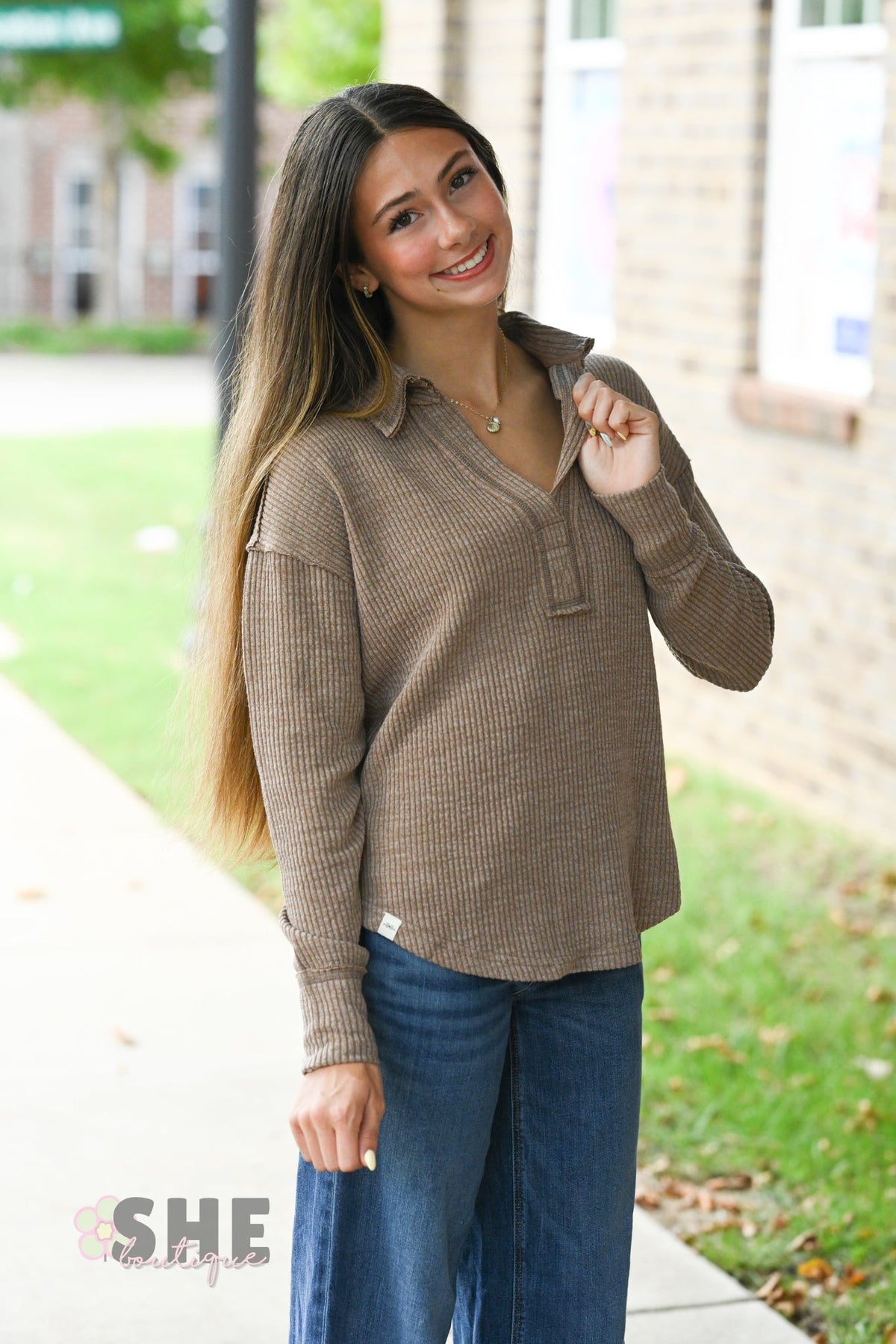 Brown Ribbed Long Sleeve - She Chester