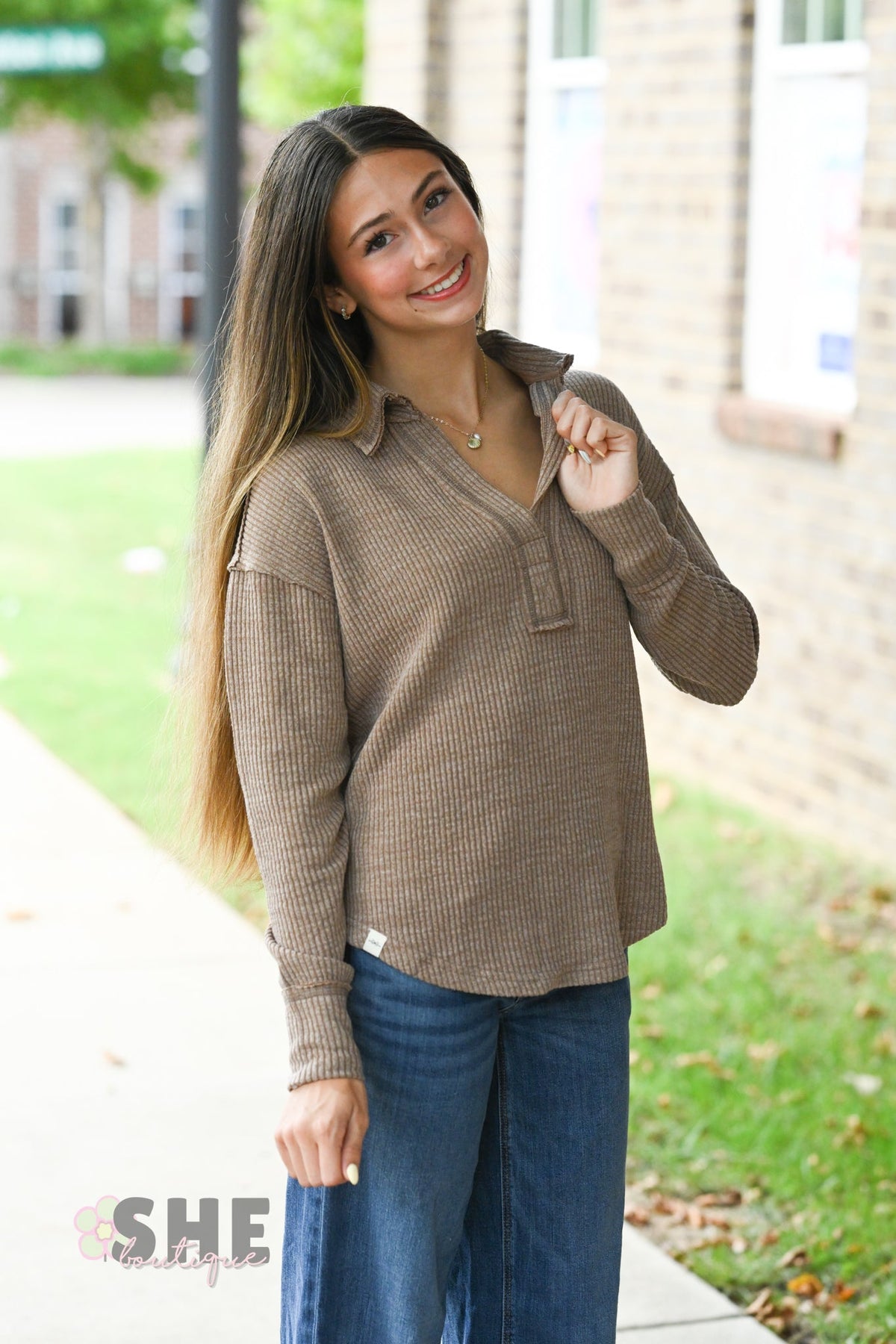 Brown Ribbed Long Sleeve - She Chester