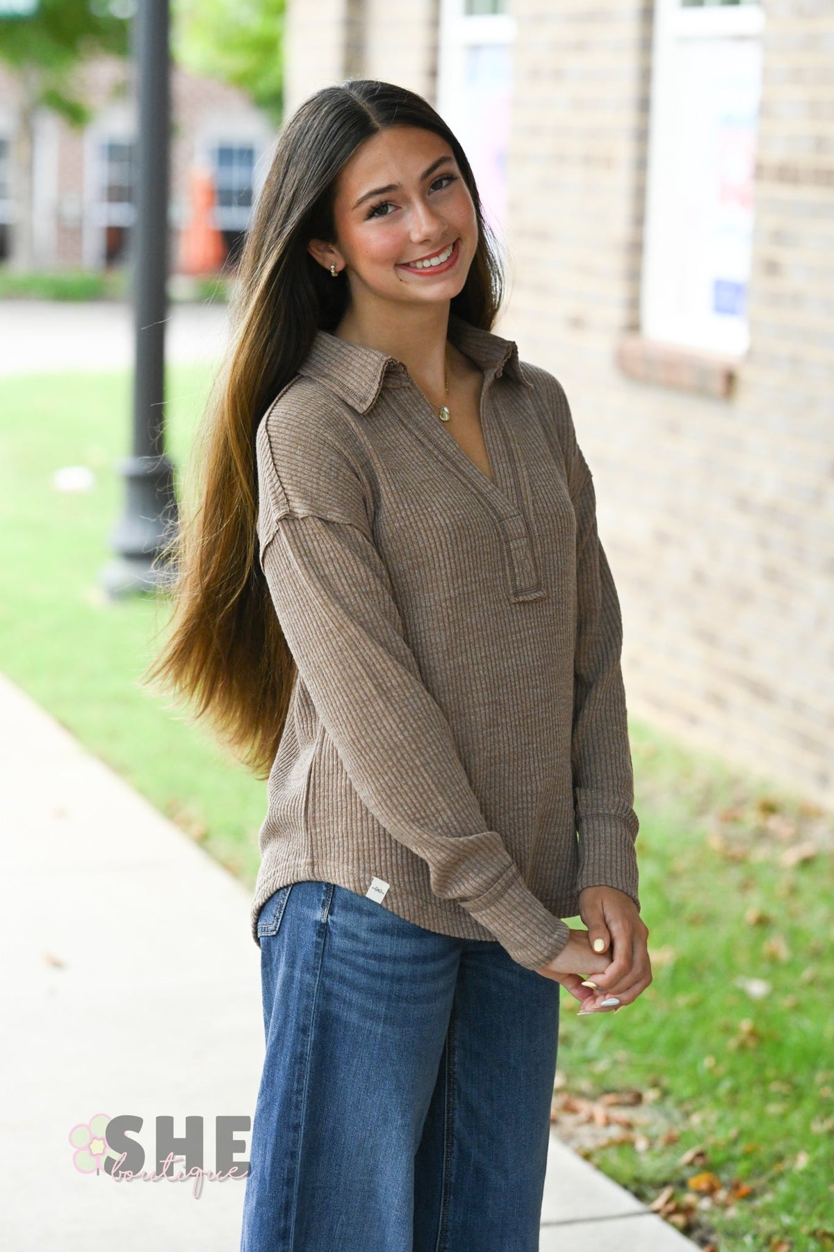 Brown Ribbed Long Sleeve - She Chester