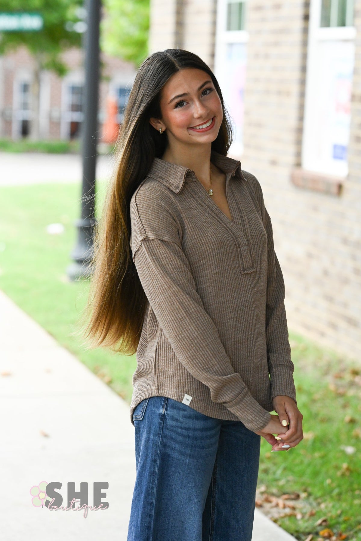 Brown Ribbed Long Sleeve - She Chester