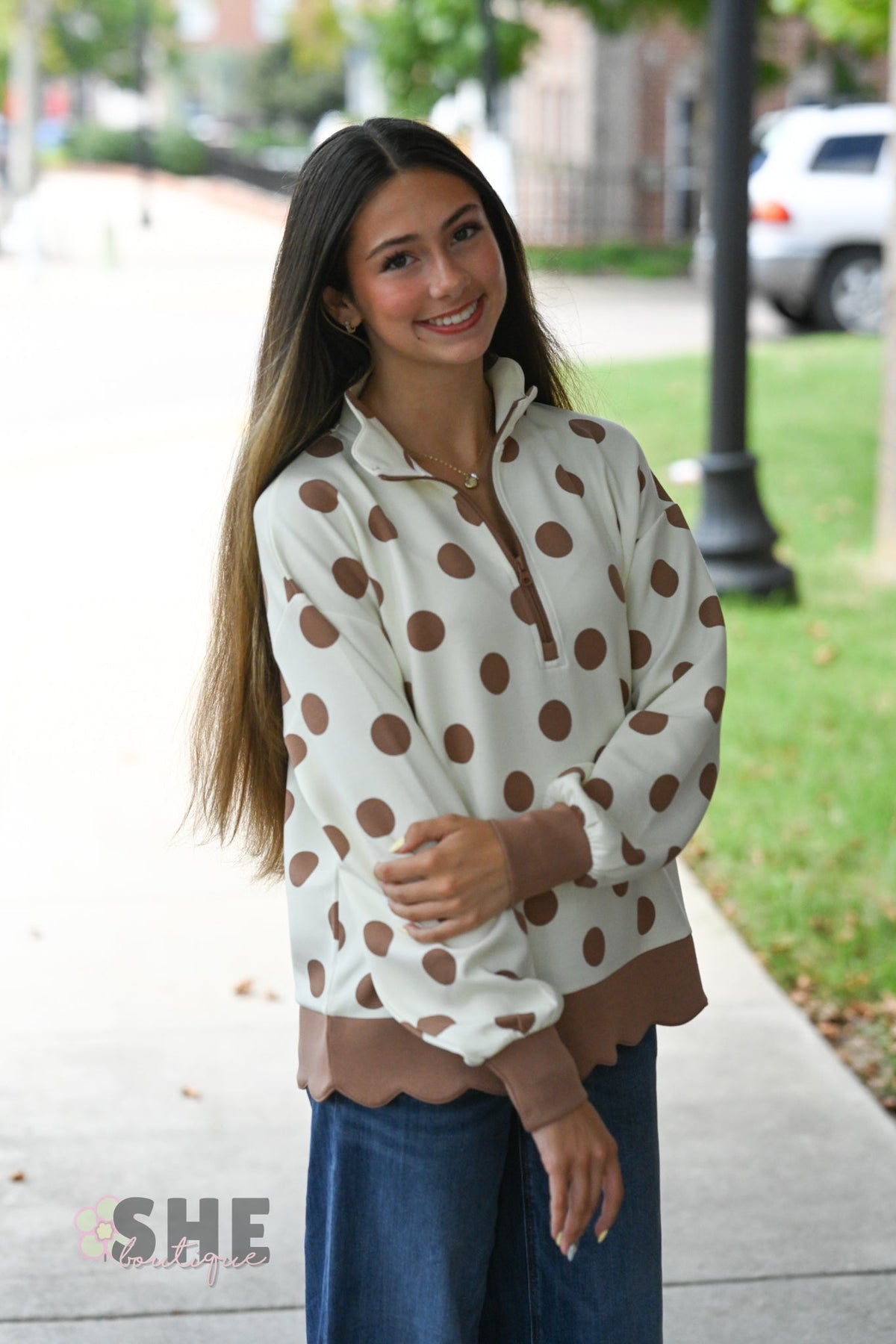 Brown & White Polka Dot Scallop Pull - She Chester