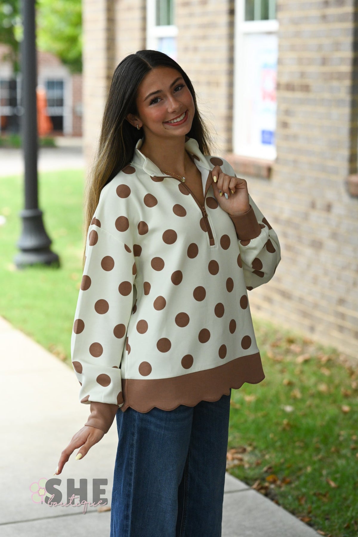 Brown & White Polka Dot Scallop Pull - She Chester