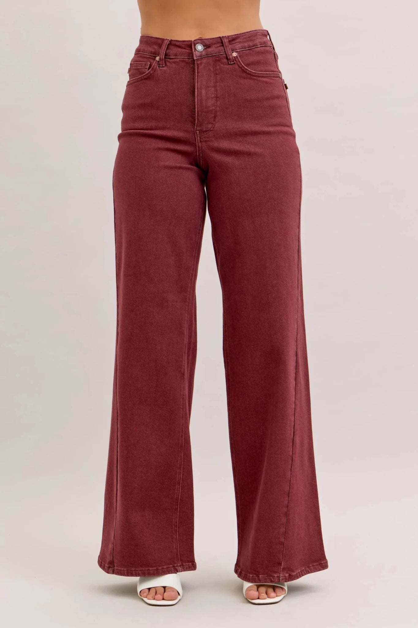 Burgundy Hight Waist Retro Wide Jeans Style 881032 - She Chester