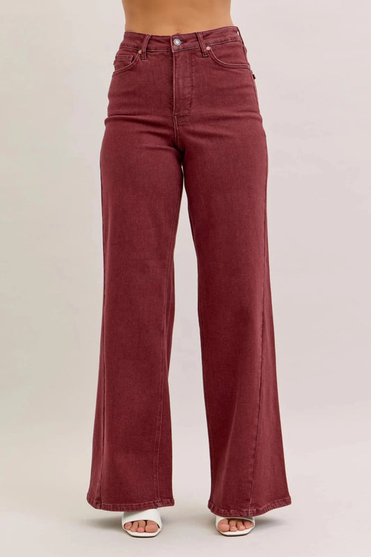 Burgundy Hight Waist Retro Wide Jeans Style 881032 - She Chester