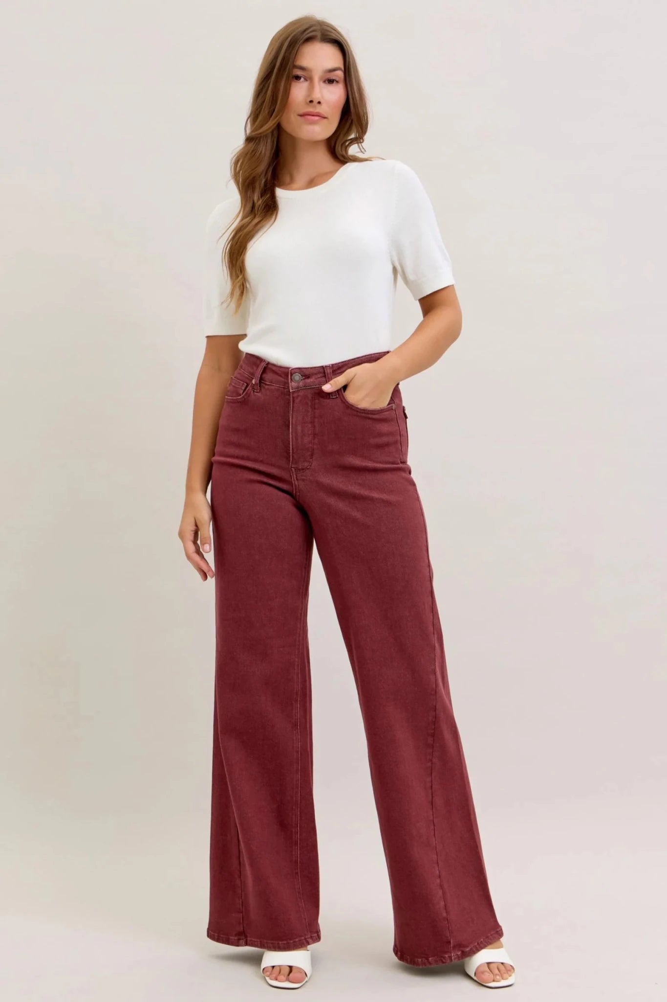 Burgundy Hight Waist Retro Wide Jeans Style 881032 - She Chester
