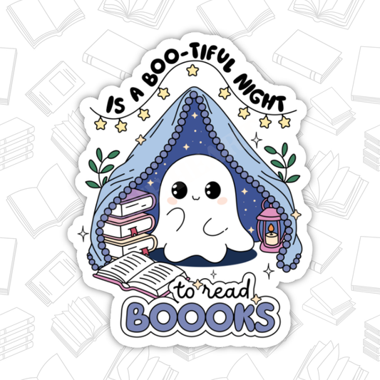 Bootiful Night To Read Sticker – Bookish Ghost, Glossy Vinyl: 2.5"