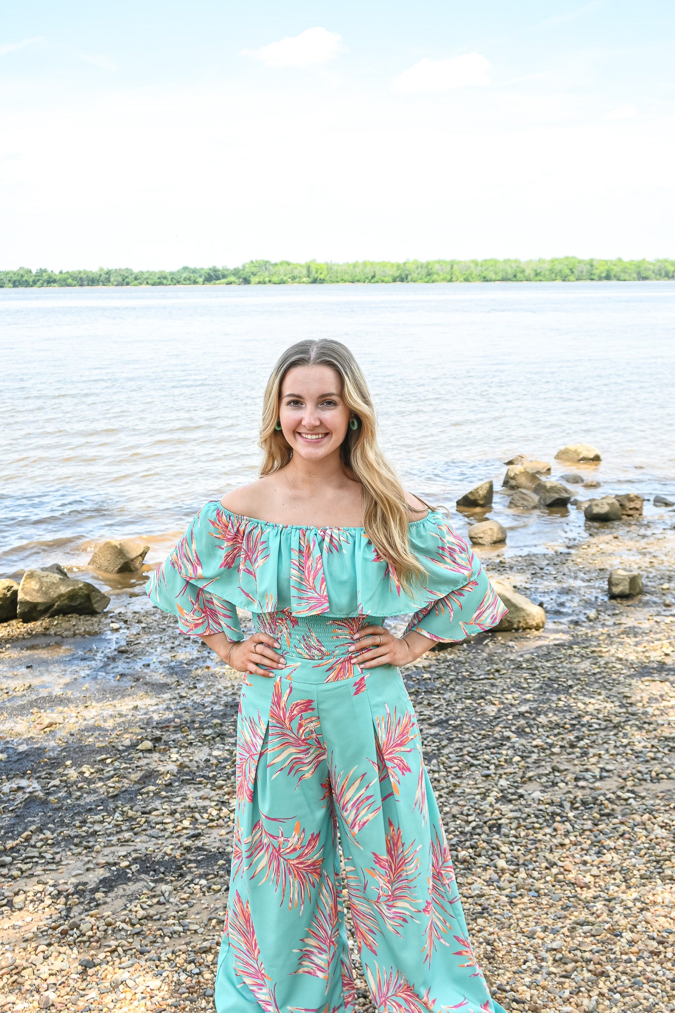 Turquoise Palms Wide Leg Trouser -