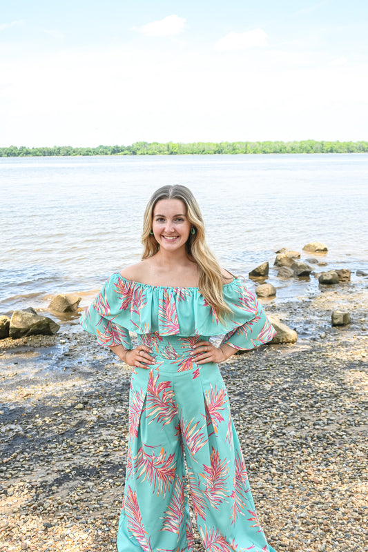 Turquoise Palms Wide Leg Trouser -