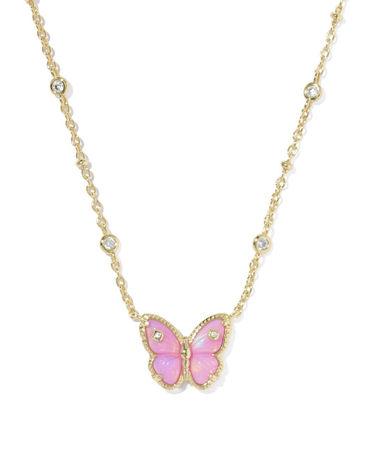 CAILEY BUTTERFLY PENDANT NECKLACE GOLD PINK OPALESCENT RESIN - She Chester