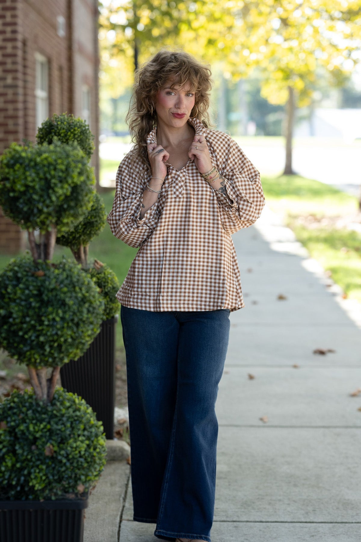 Callah Taupe Gingham Top - She Chester