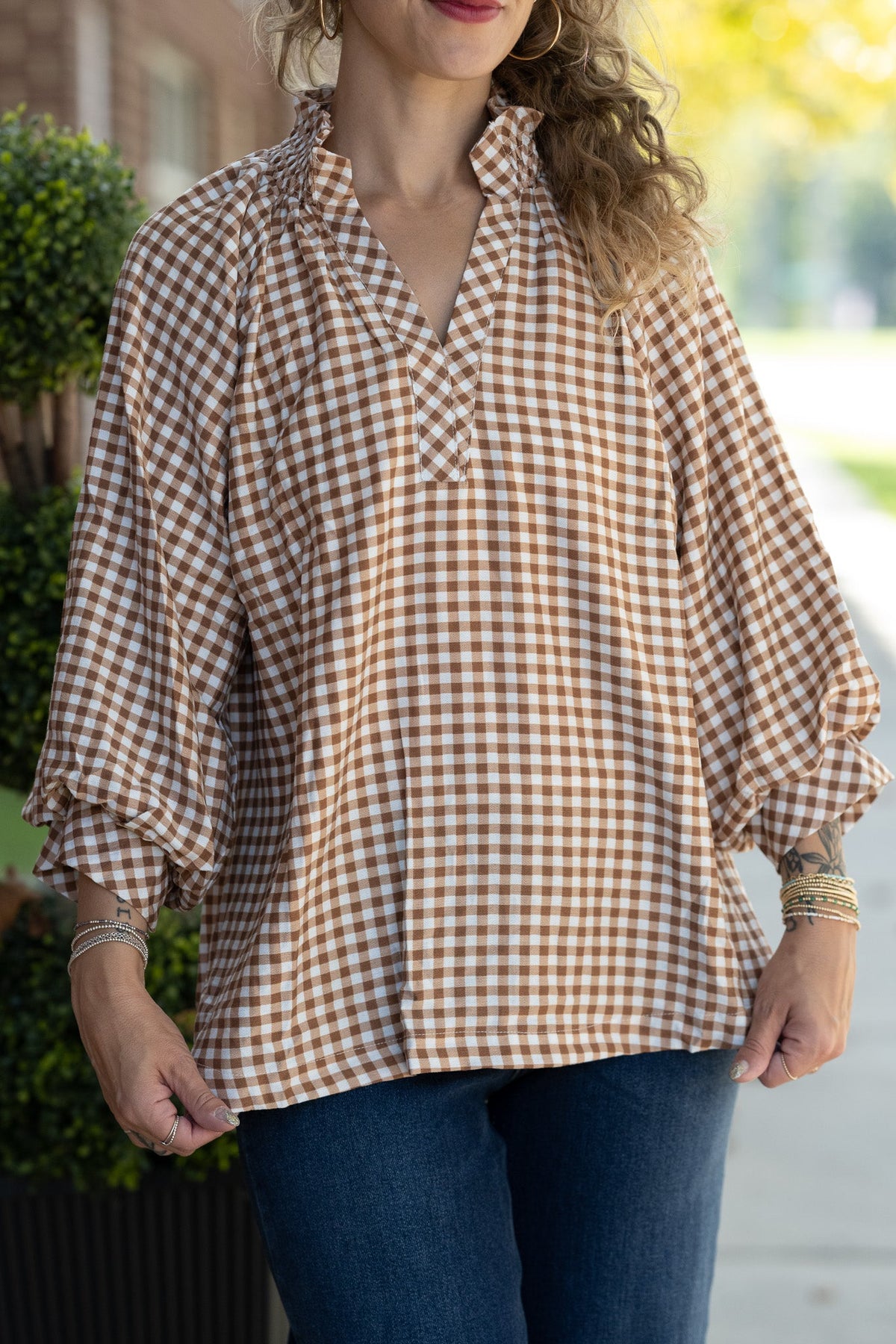 Callah Taupe Gingham Top - She Chester