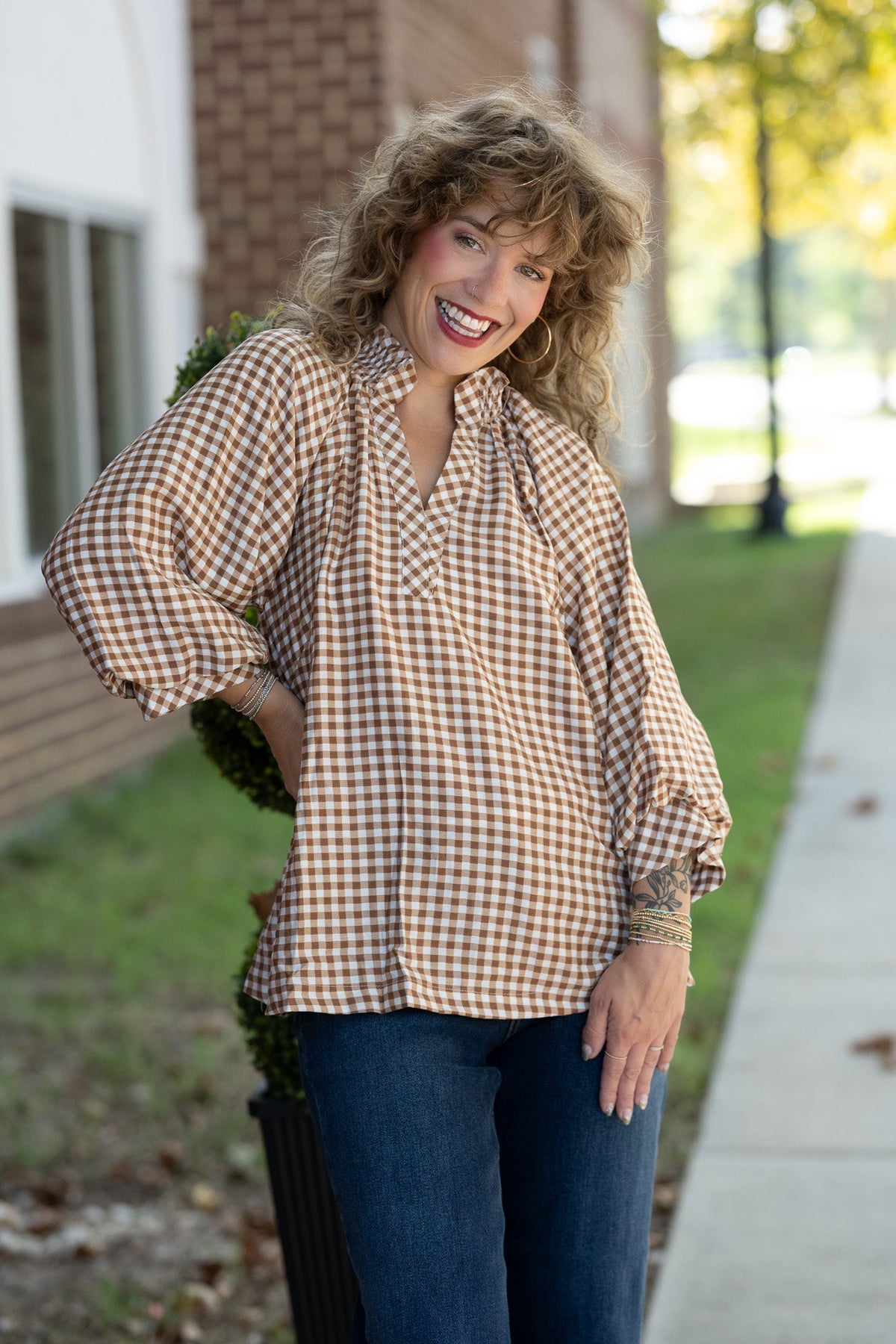 Callah Taupe Gingham Top - She Chester