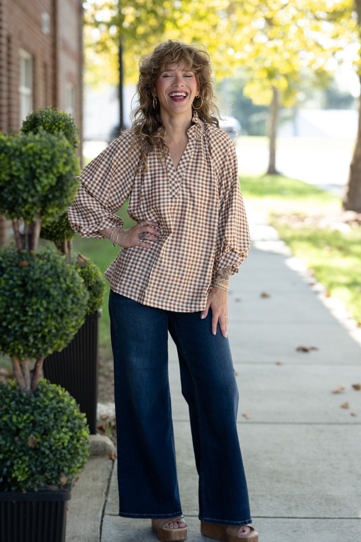 Callah Taupe Gingham Top - She Chester