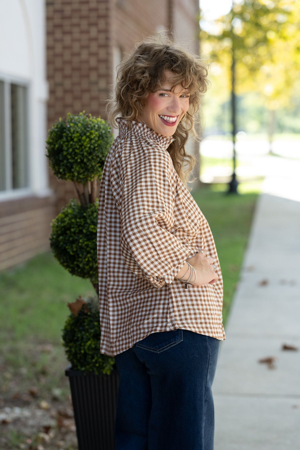 Callah Taupe Gingham Top - She Chester