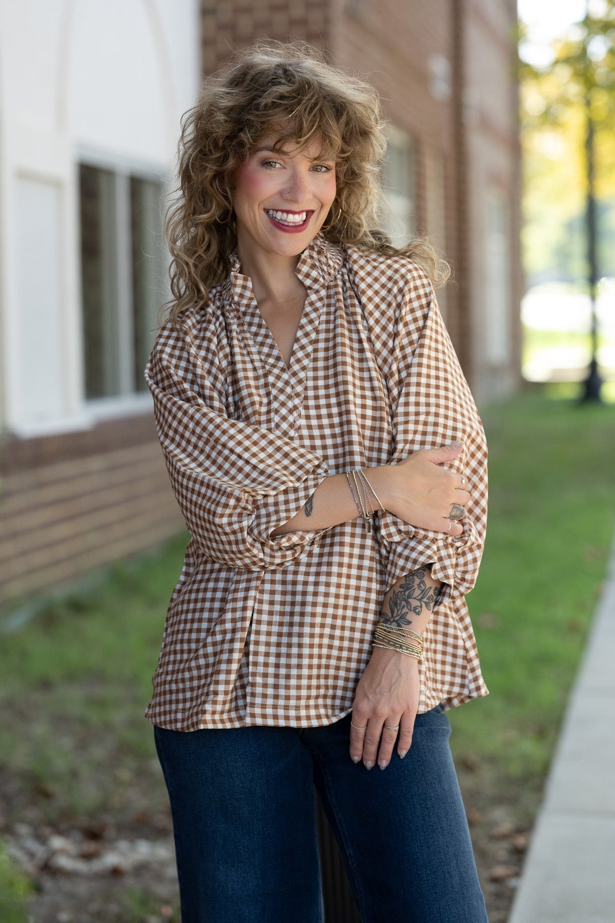 Callah Taupe Gingham Top - She Chester