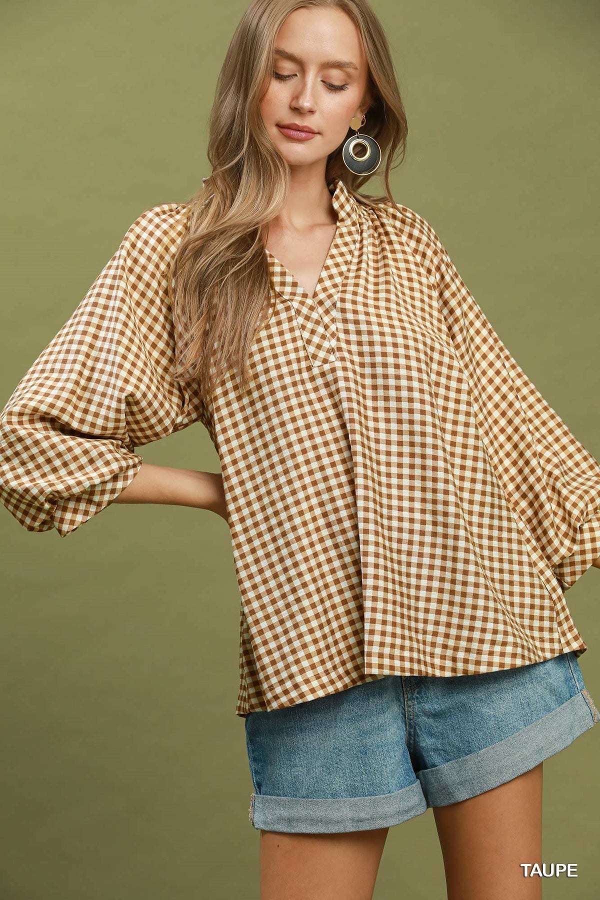 Callah Taupe Gingham Top - She Chester