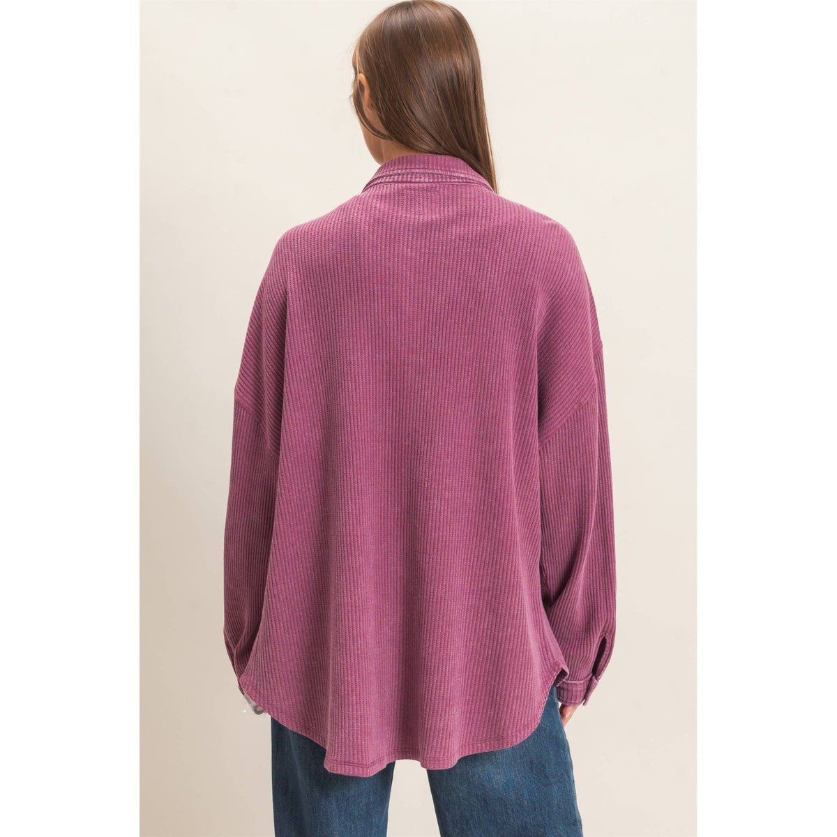 Mineral Wash Waffle Knit Button-Up Shacket: DARK CHERRY