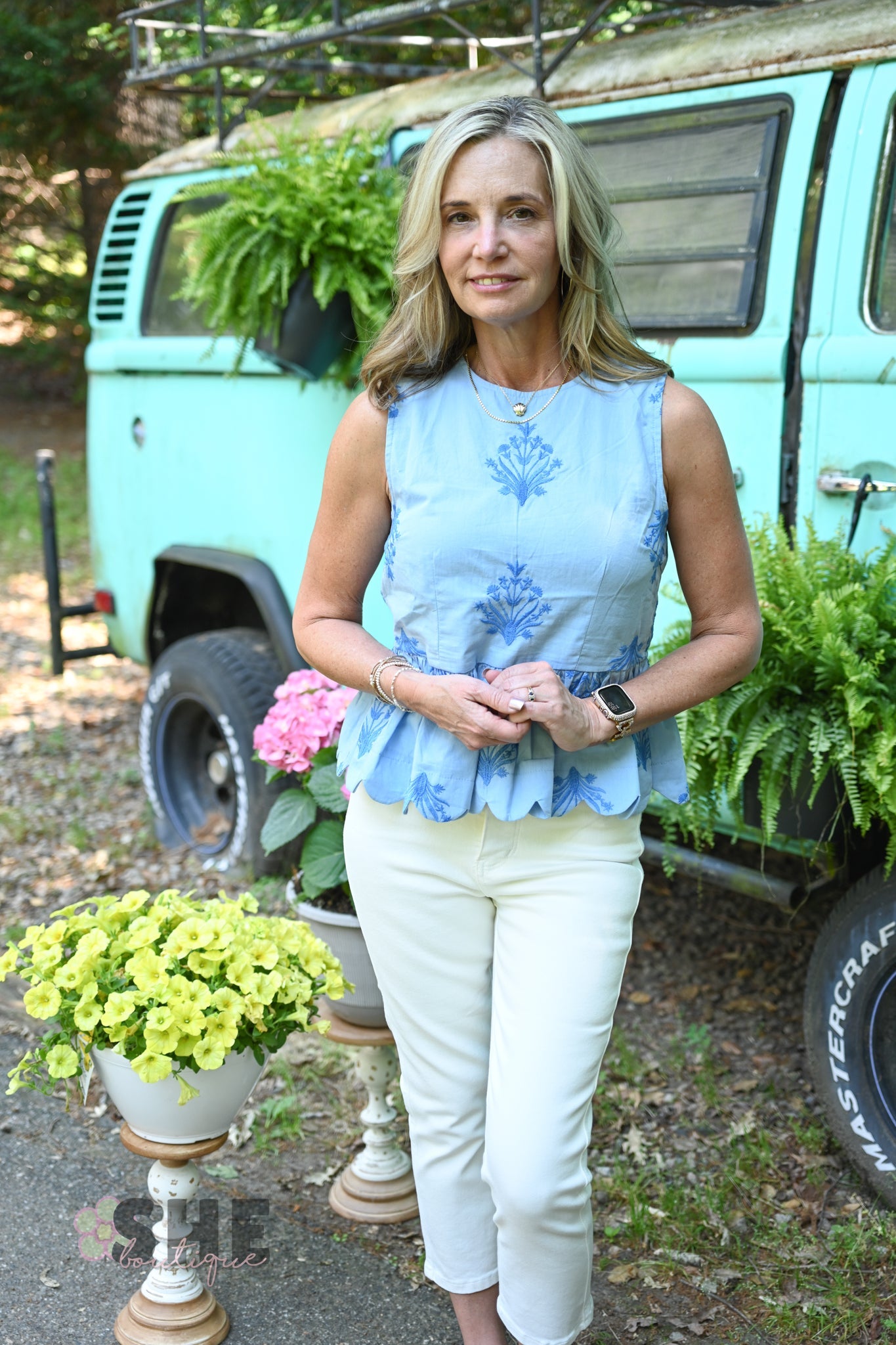 Chambray Embroidered Peplum Top - She Chester