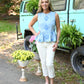 Chambray Embroidered Peplum Top - She Chester