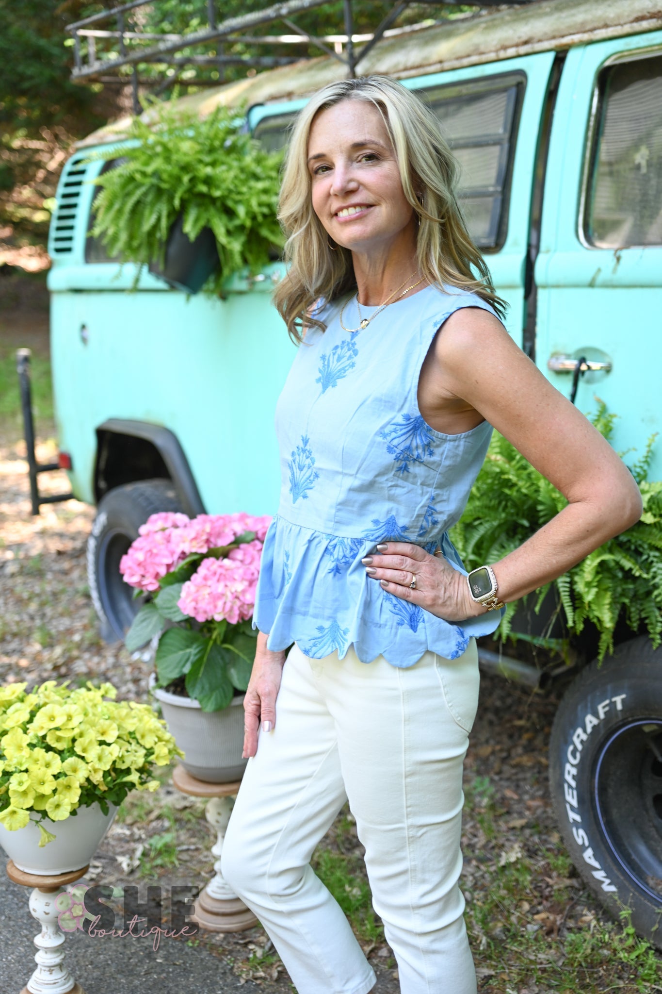 Chambray Embroidered Peplum Top - She Chester