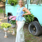 Chambray Embroidered Peplum Top - She Chester