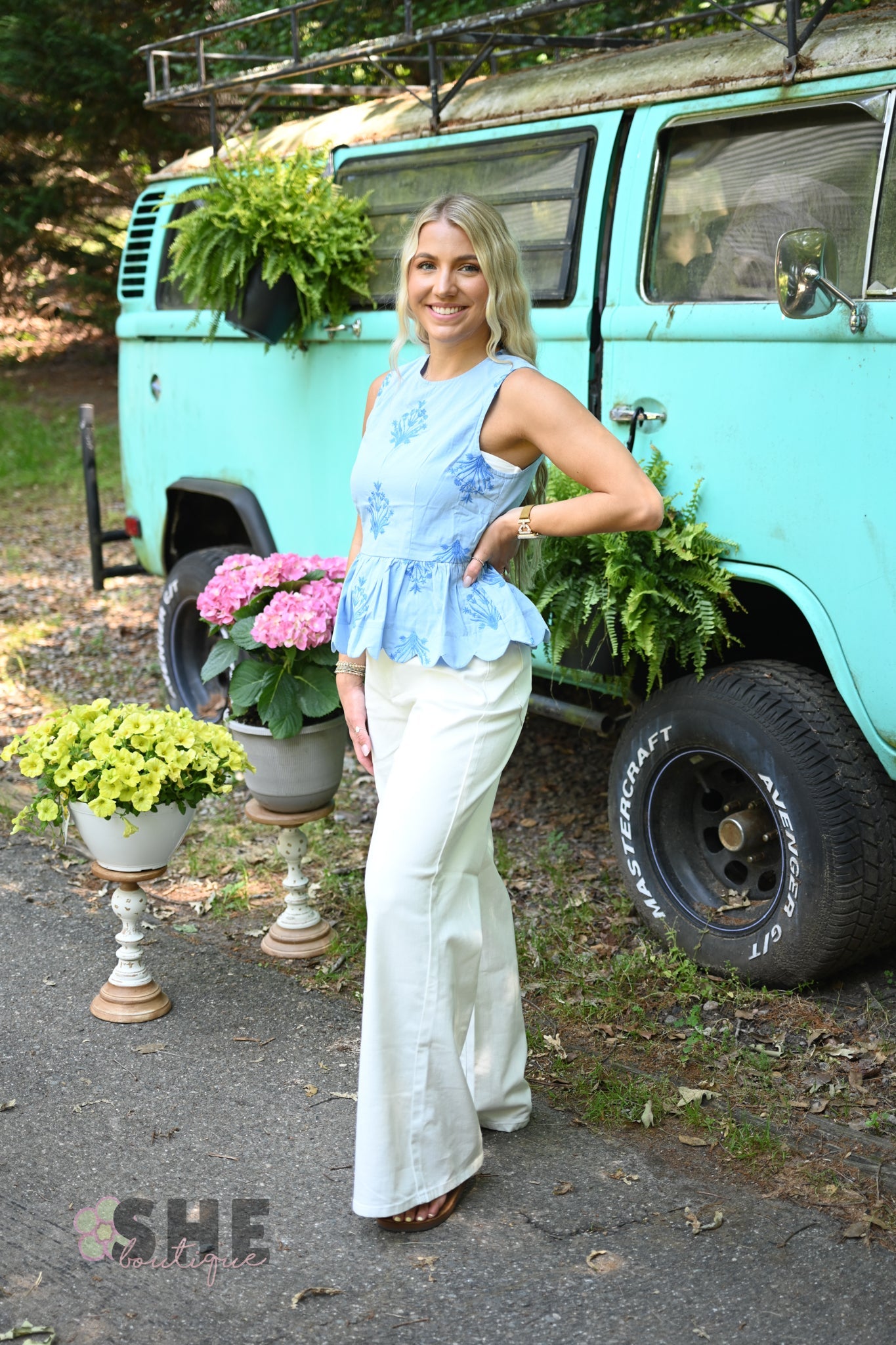 Chambray Embroidered Peplum Top - She Chester