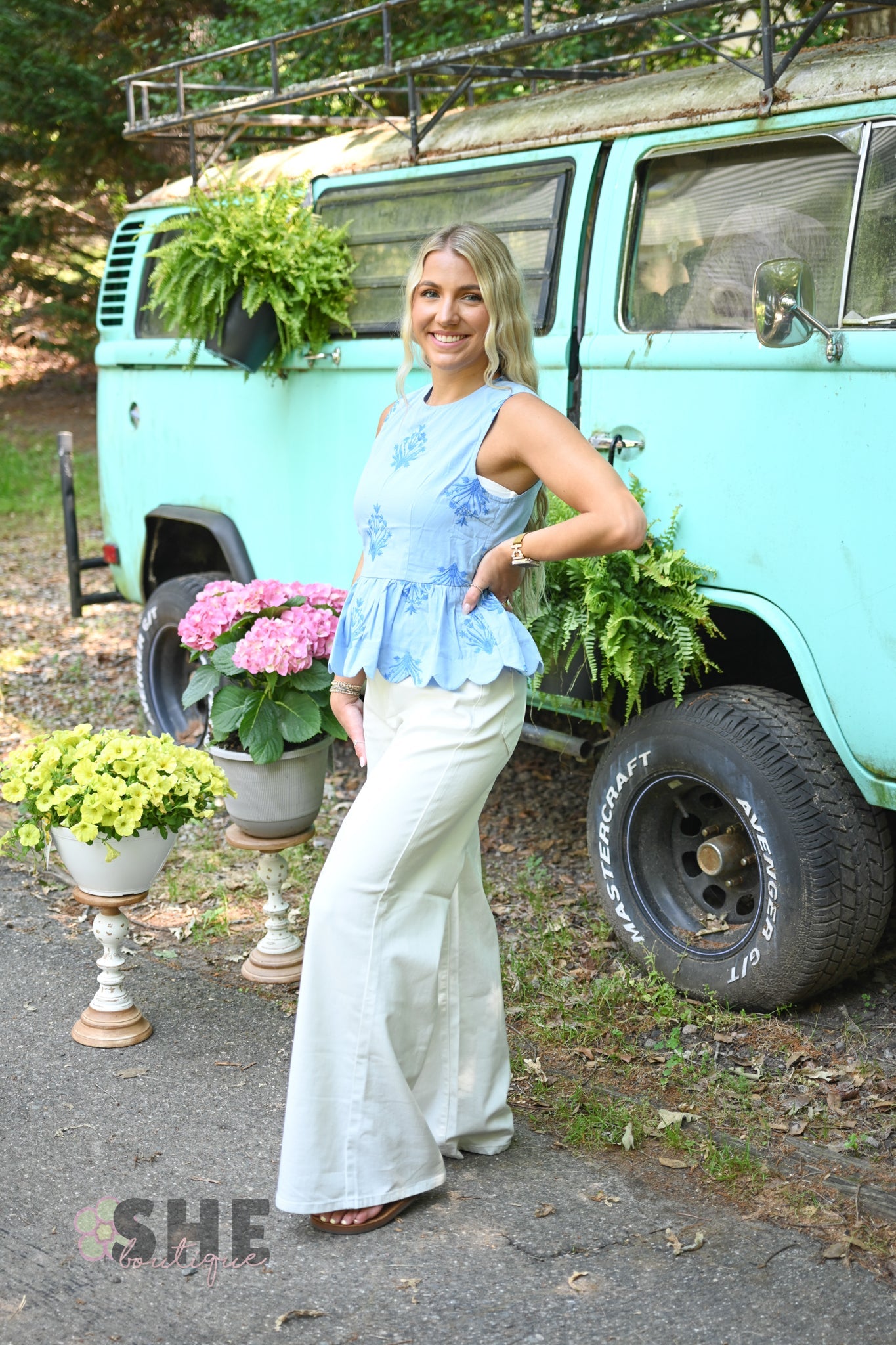 Chambray Embroidered Peplum Top - She Chester