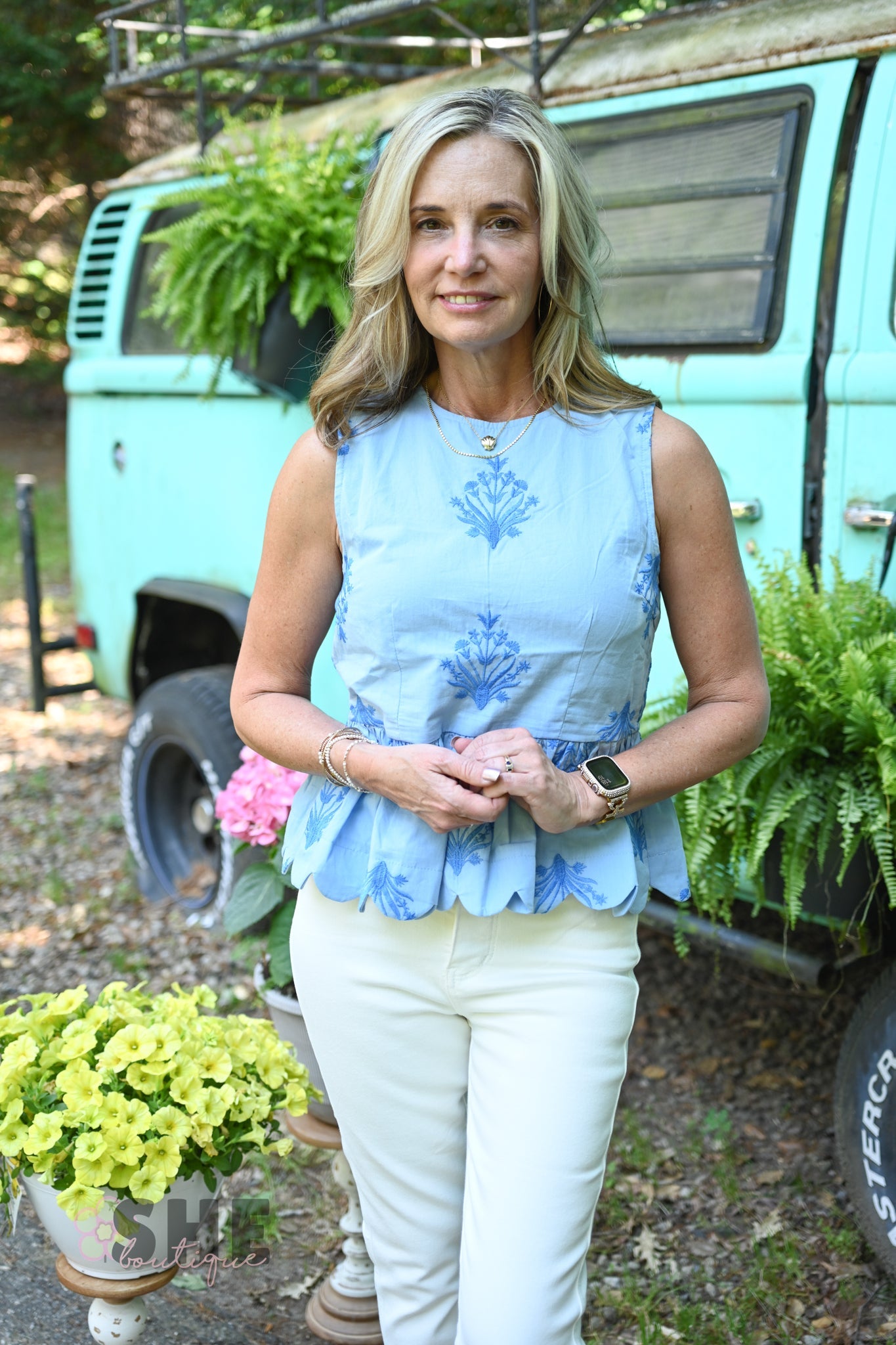 Chambray Embroidered Peplum Top - She Chester