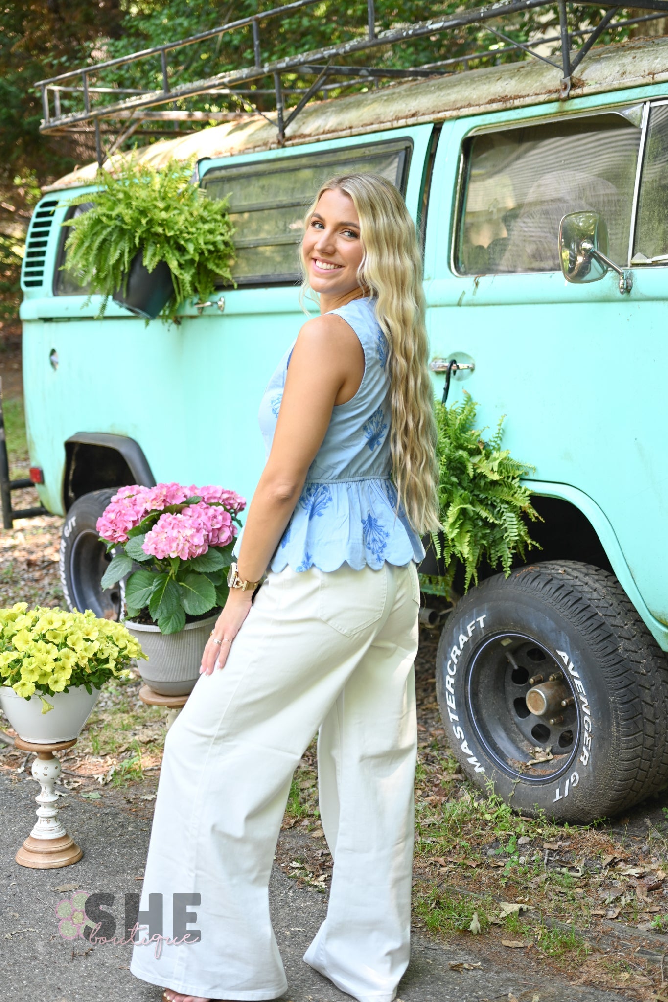 Chambray Embroidered Peplum Top - She Chester