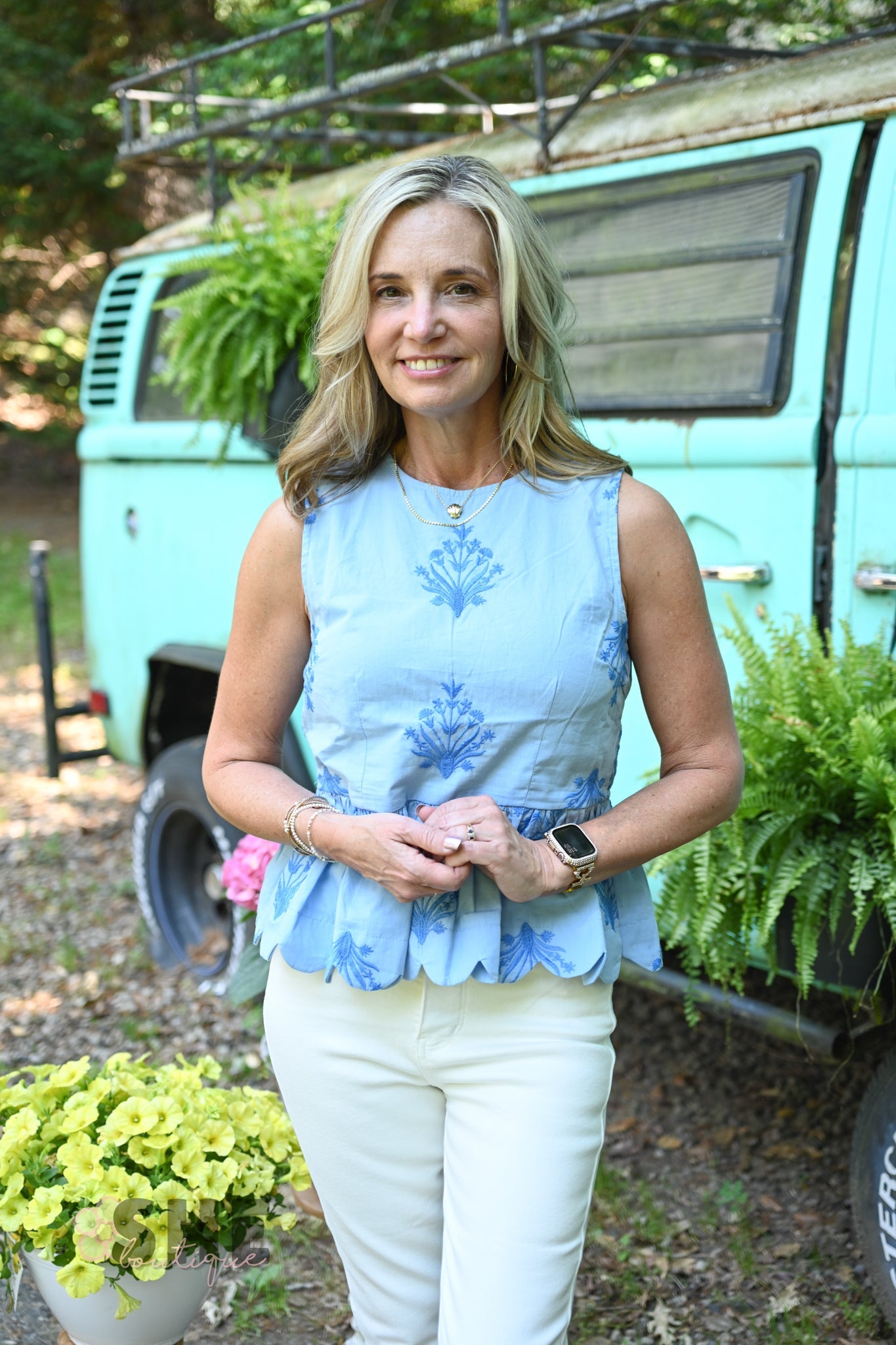 Chambray Embroidered Peplum Top – She Chester