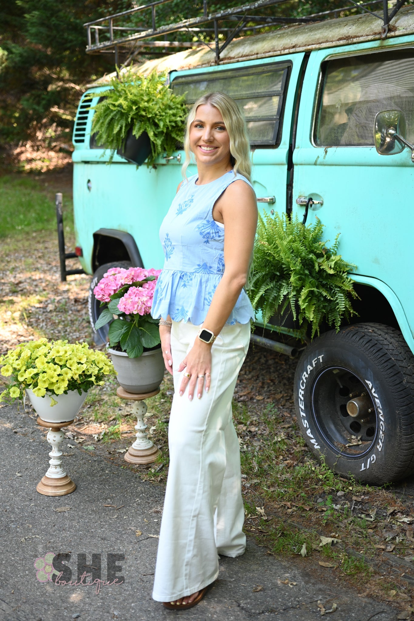 Chambray Embroidered Peplum Top - She Chester