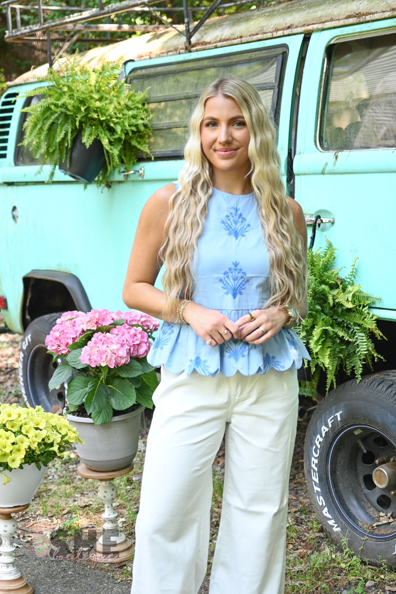 Chambray Embroidered Peplum Top - She Chester