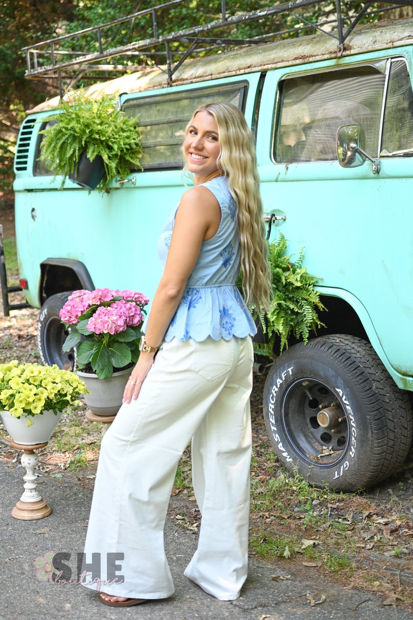 Chambray Embroidered Peplum Top - She Chester
