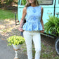 Chambray Embroidered Peplum Top - She Chester