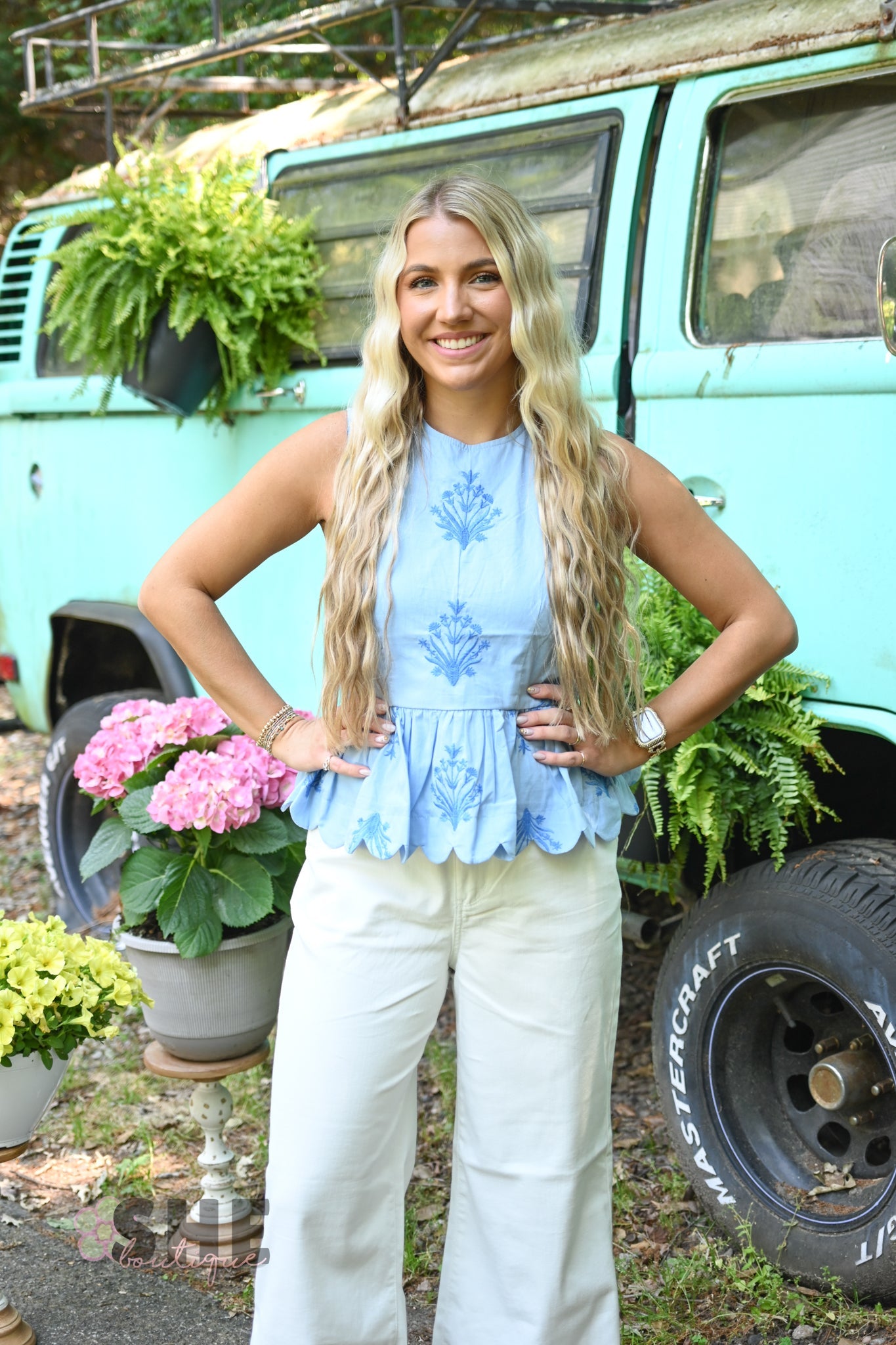 Chambray Embroidered Peplum Top - She Chester