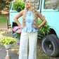 Chambray Embroidered Peplum Top - She Chester