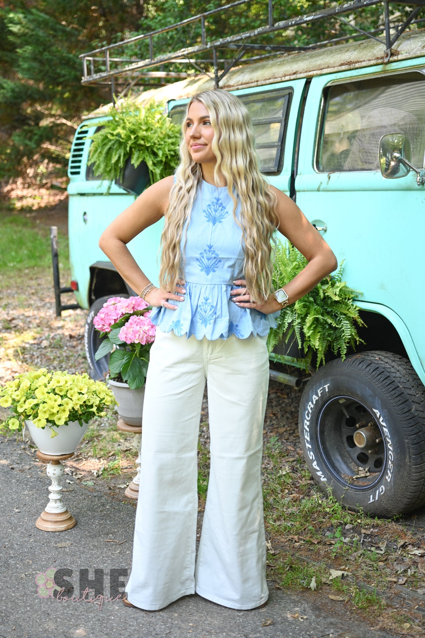 Chambray Embroidered Peplum Top - She Chester