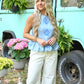 Chambray Embroidered Peplum Top - She Chester