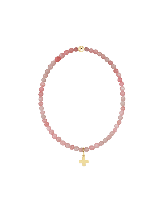 Classic Pink Opal 3mm Bracelet - Signature Cross Gold Charm - She Chester