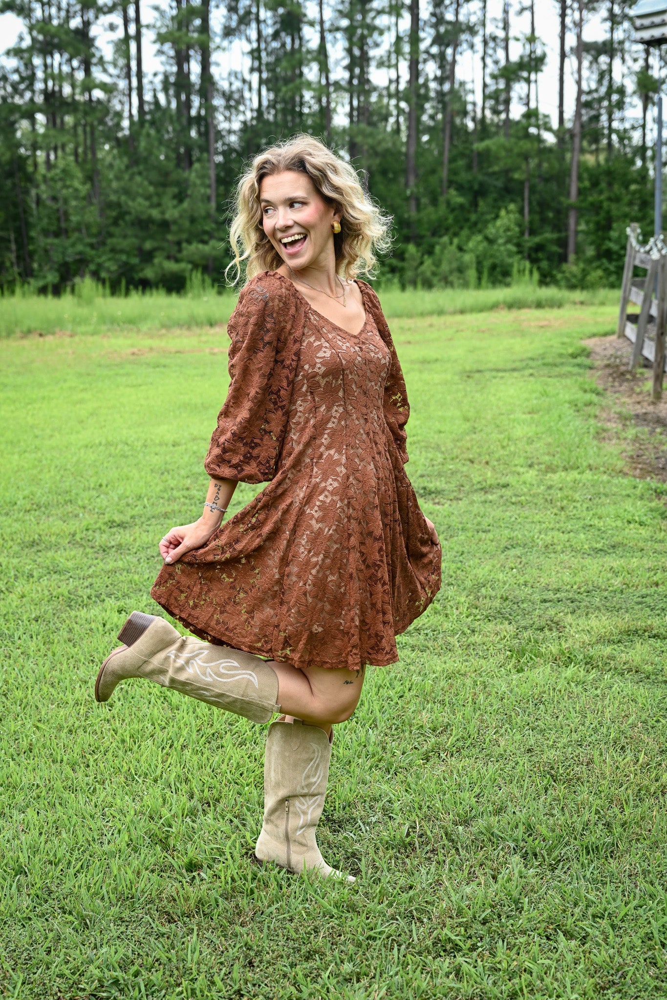 Copper Lace Fit And Flare Mini Dress - She Chester