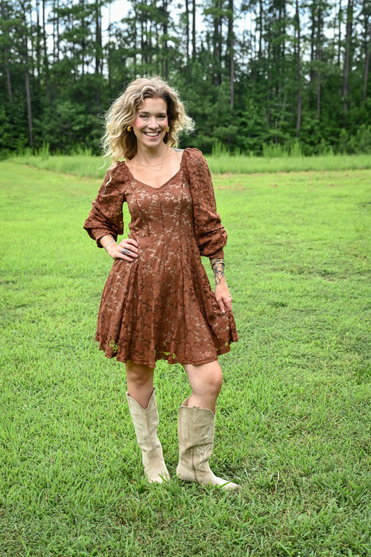 Copper Lace Fit And Flare Mini Dress - She Chester
