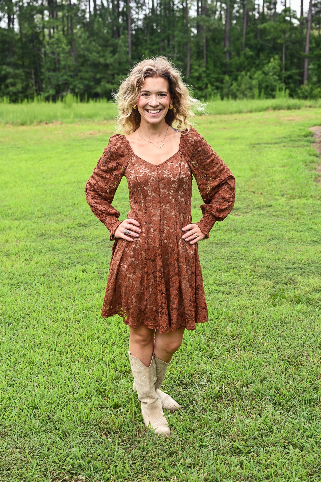 Copper Lace Fit And Flare Mini Dress - She Chester