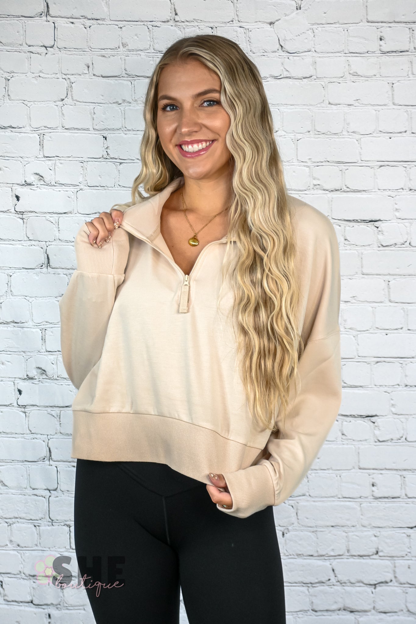 Cream Cropped Quarter Zip Pullover - She Chester
