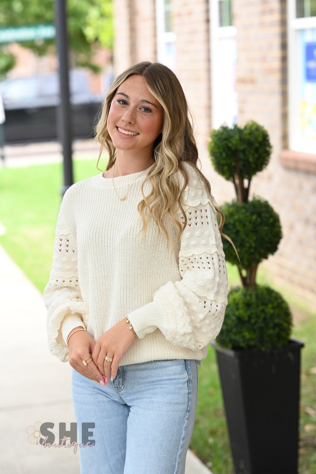 Cream Pom Sleeve Sweater - She Chester