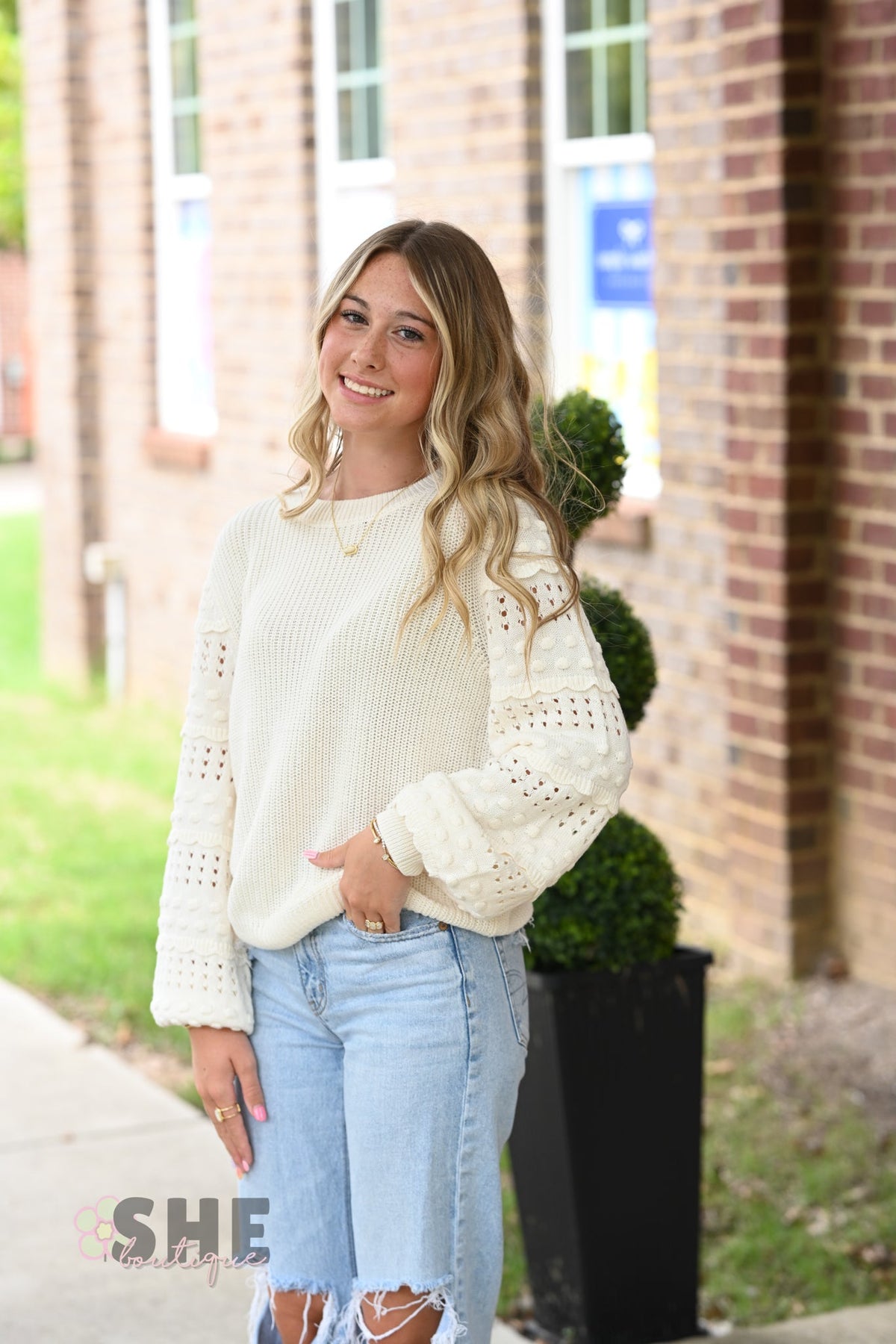 Cream Pom Sleeve Sweater - She Chester