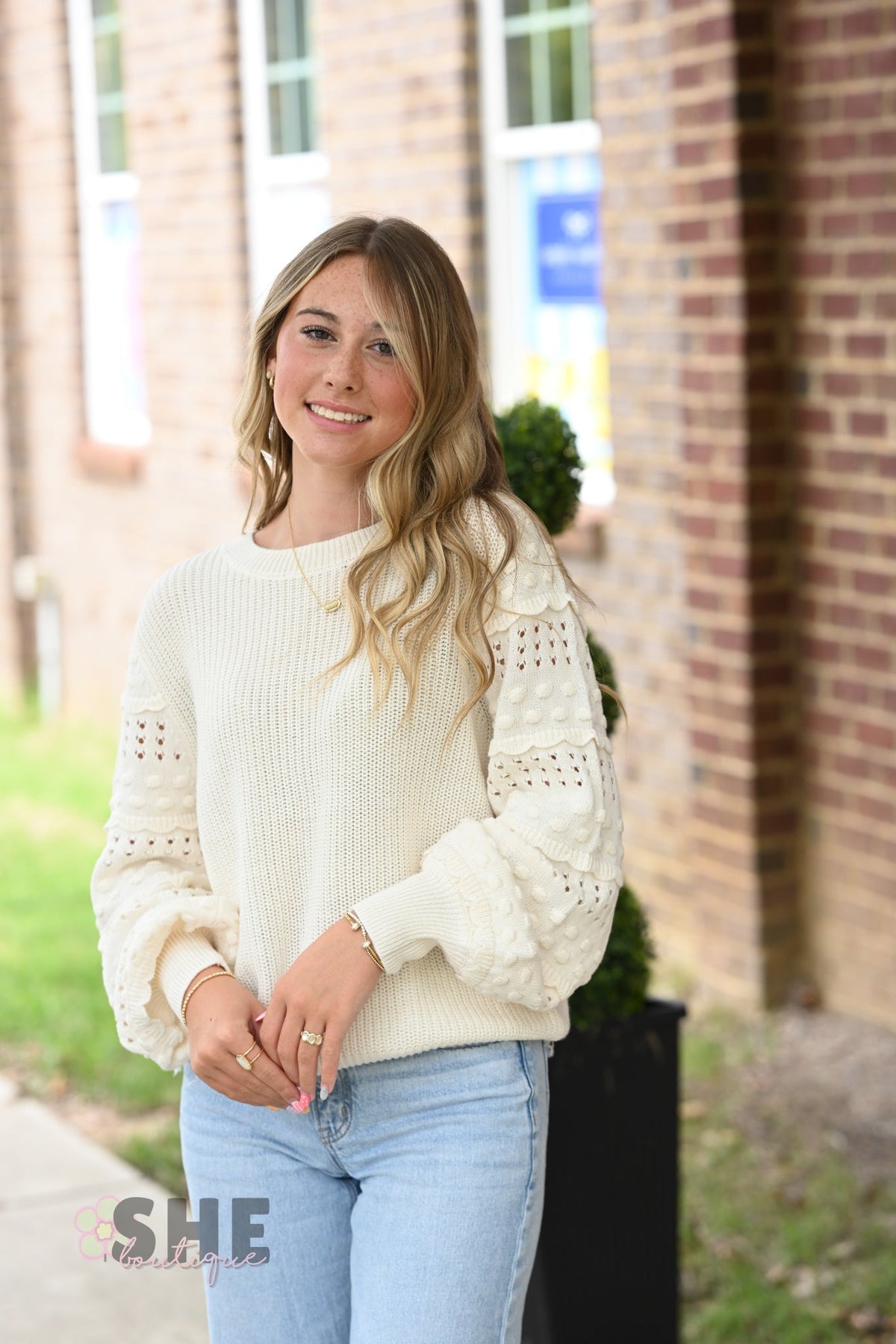 Cream Pom Sleeve Sweater - She Chester