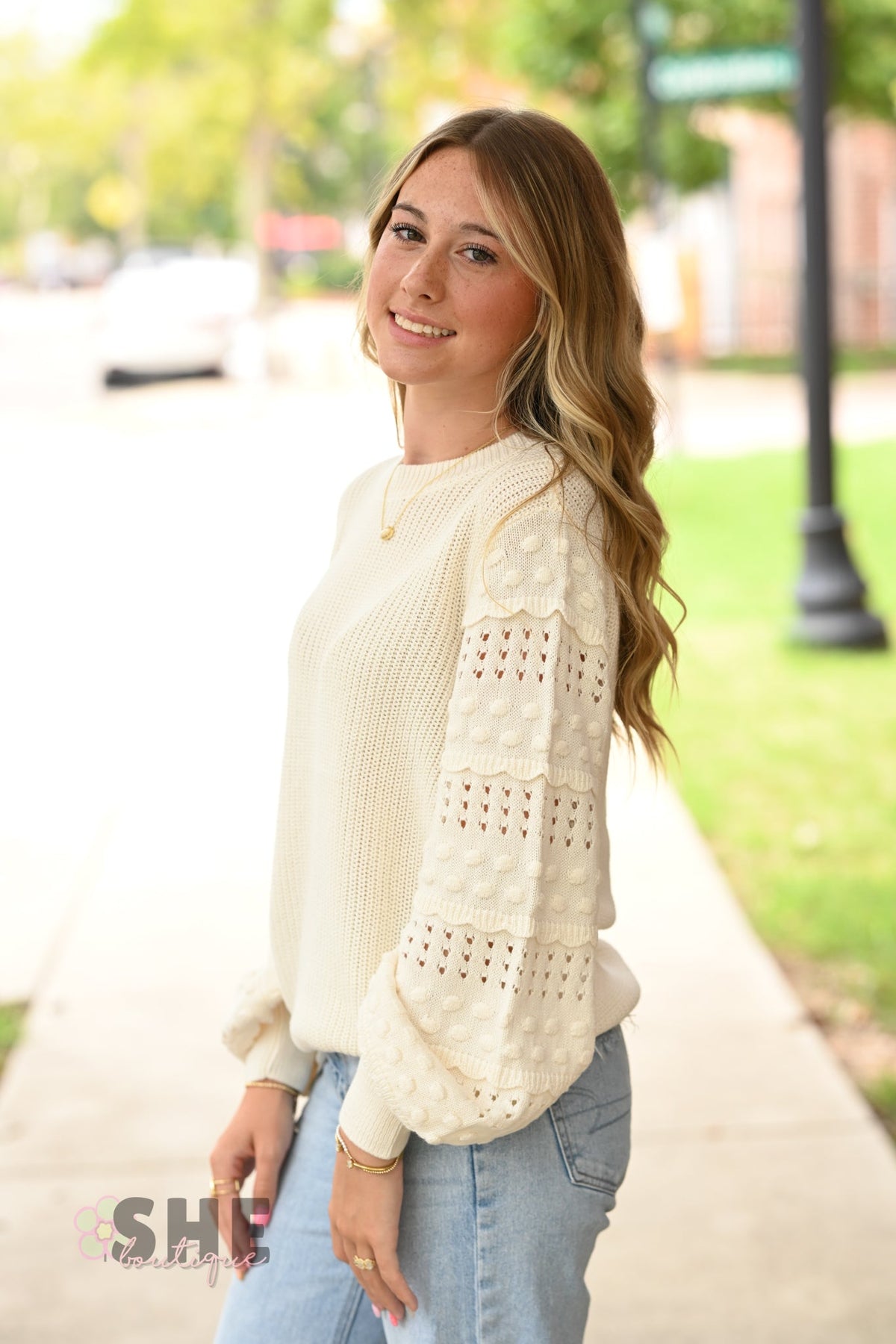 Cream Pom Sleeve Sweater - She Chester