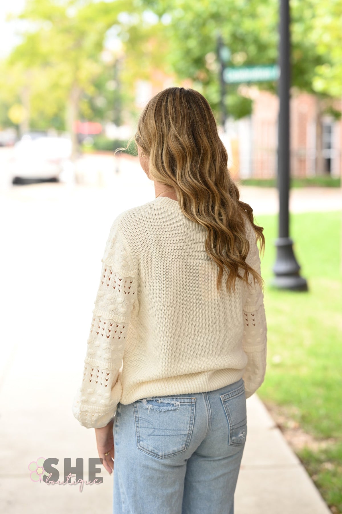 Cream Pom Sleeve Sweater - She Chester