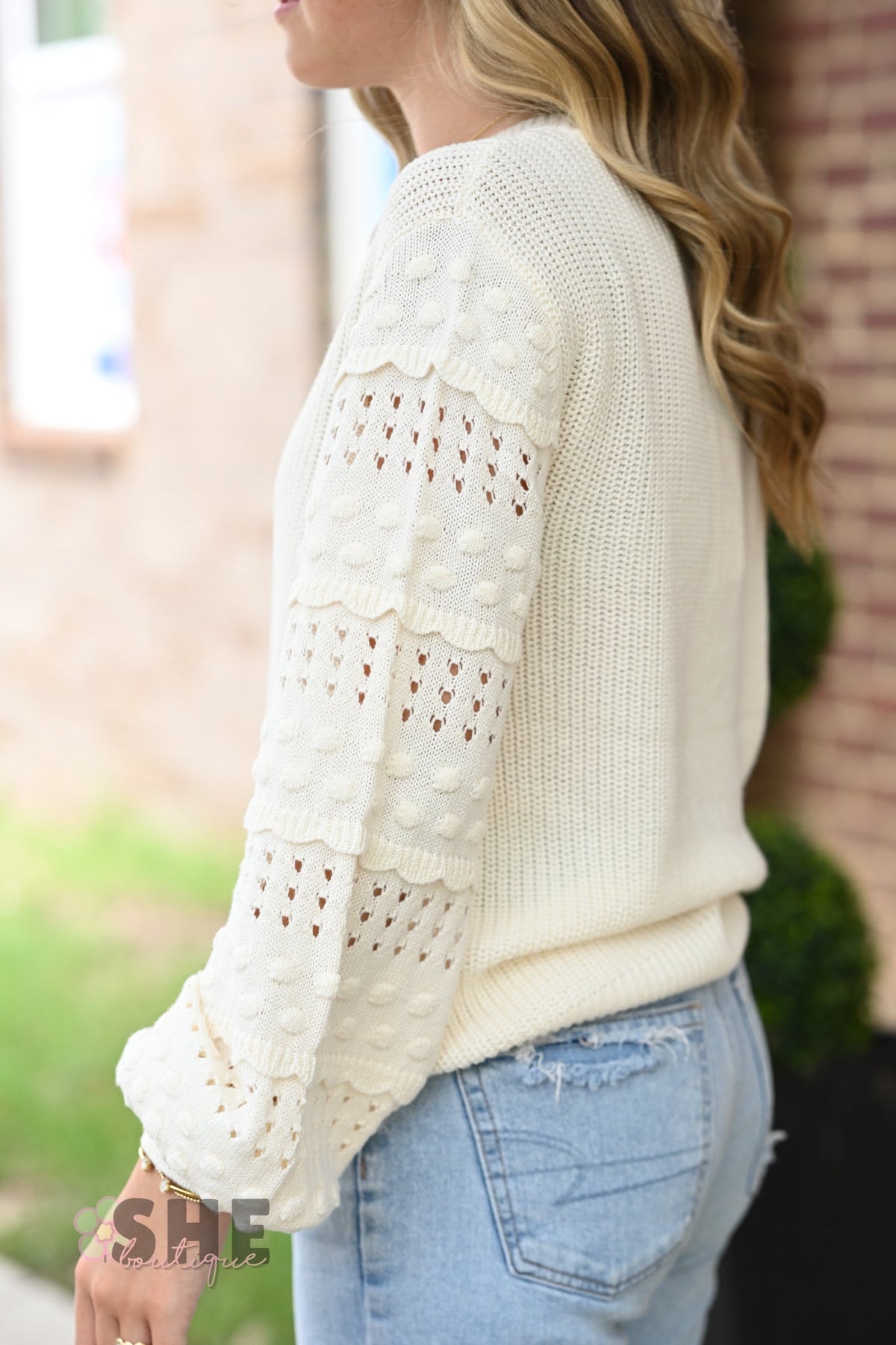 Cream Pom Sleeve Sweater - She Chester